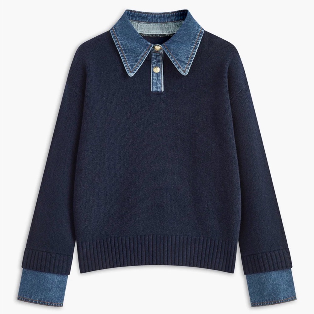 Navy Sweater with Denim Collar and Cuffs